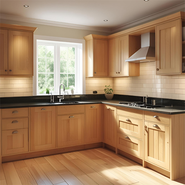 U-Shaped Natural Wooden Modular Kitchen Design in Delhi