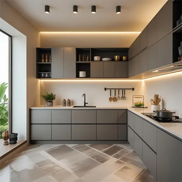 L-shaped modular kitchen design with factory finish