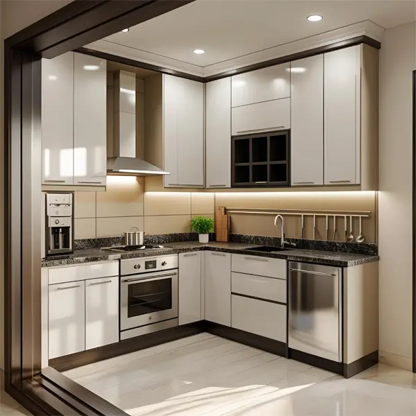 L-shaped modular kitchen design with factory finish