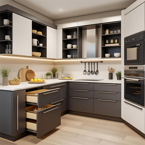 l shape modular kitchen with built in appliances
