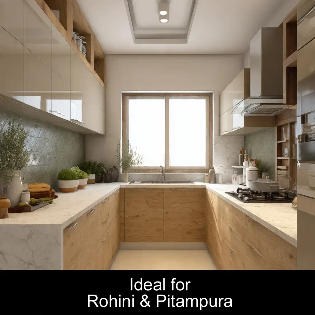 Modular kitchen cost in Delhi for 100 sq ft U-shape layout – price breakdown by category