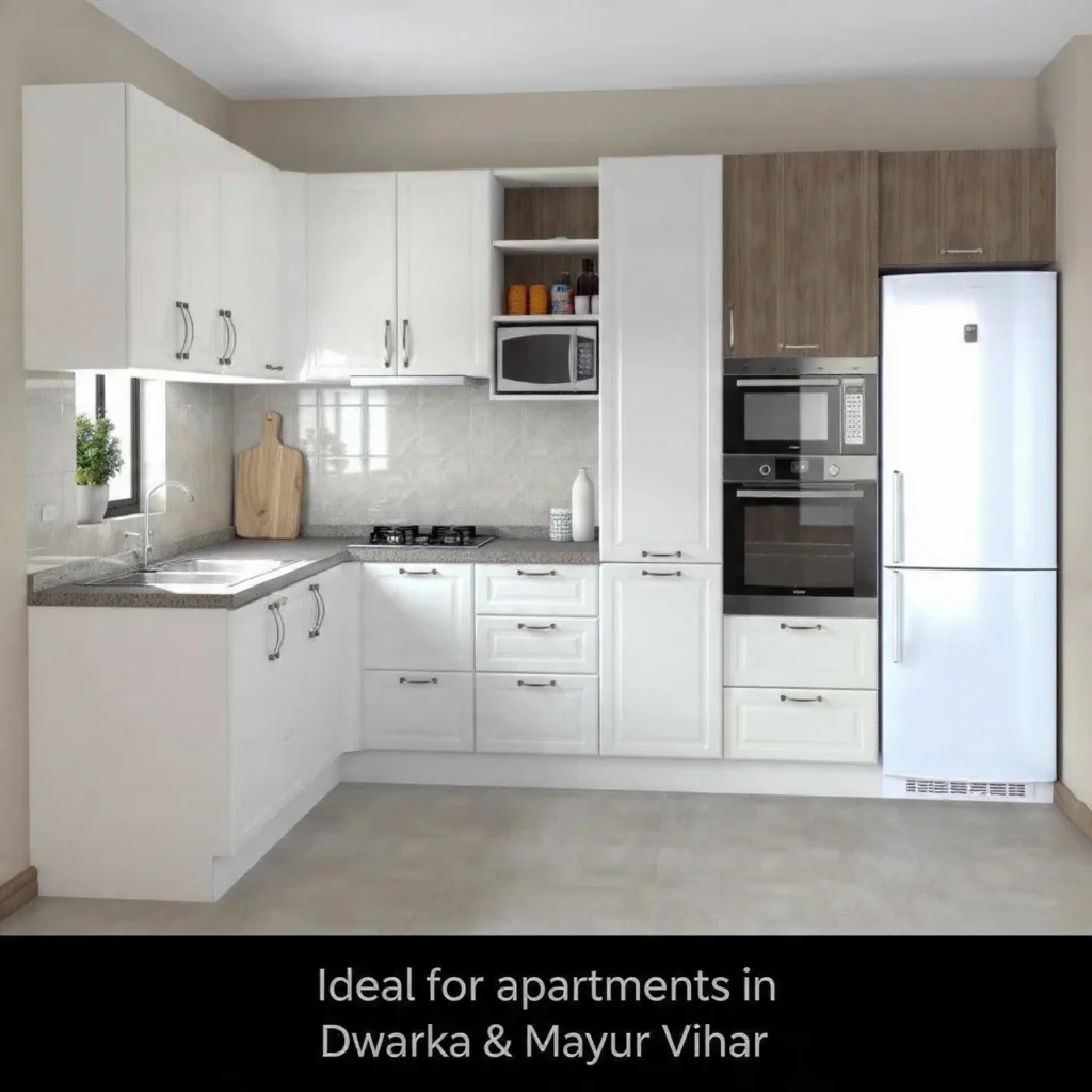 Modular kitchen rate per sq feet in Delhi for 80 sq ft L-shaped kitchen – basic, mid-range and premium pricing comparison