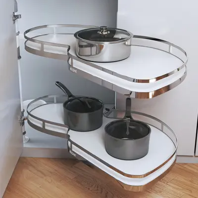 smart storage in l shaped modular kitchen with carousel