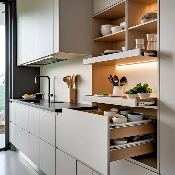 l shaped modular kitchen with soft-close drawers