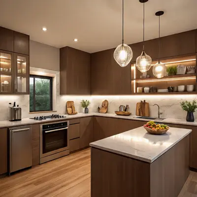 Luxury u shaped kitchen with glossy finish