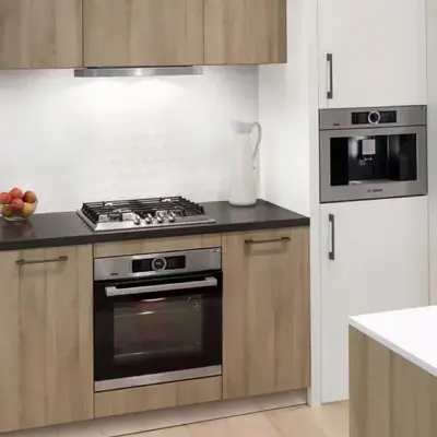 Compact parallel modular kitchen designs with quartz countertops