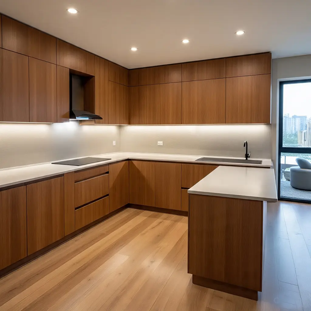 u-shaped wooden modular kitchen design Delhi