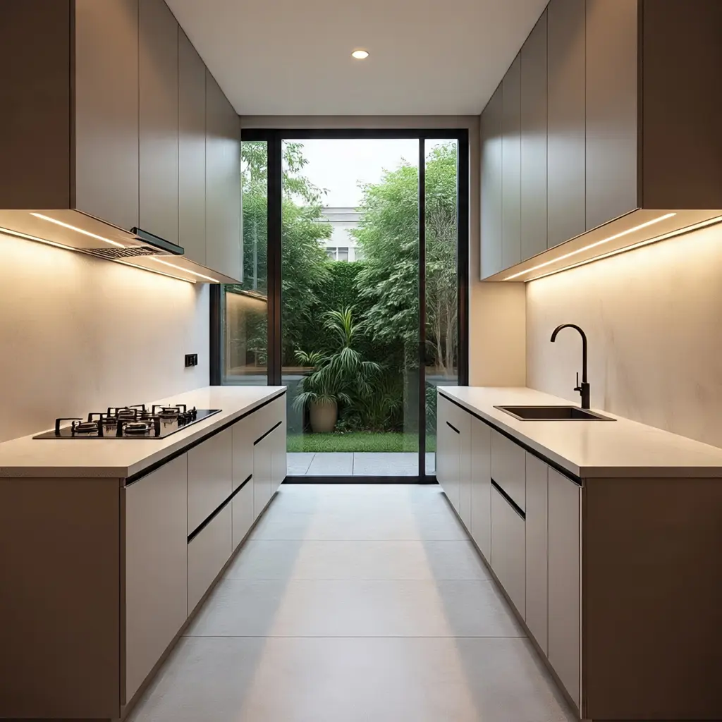 Wooden Modular Kitchen Parallel Cabinet Layout
