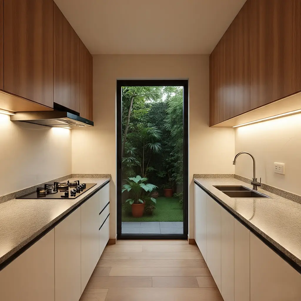 Wooden Modular Kitchen Parallel Cabinet Layout