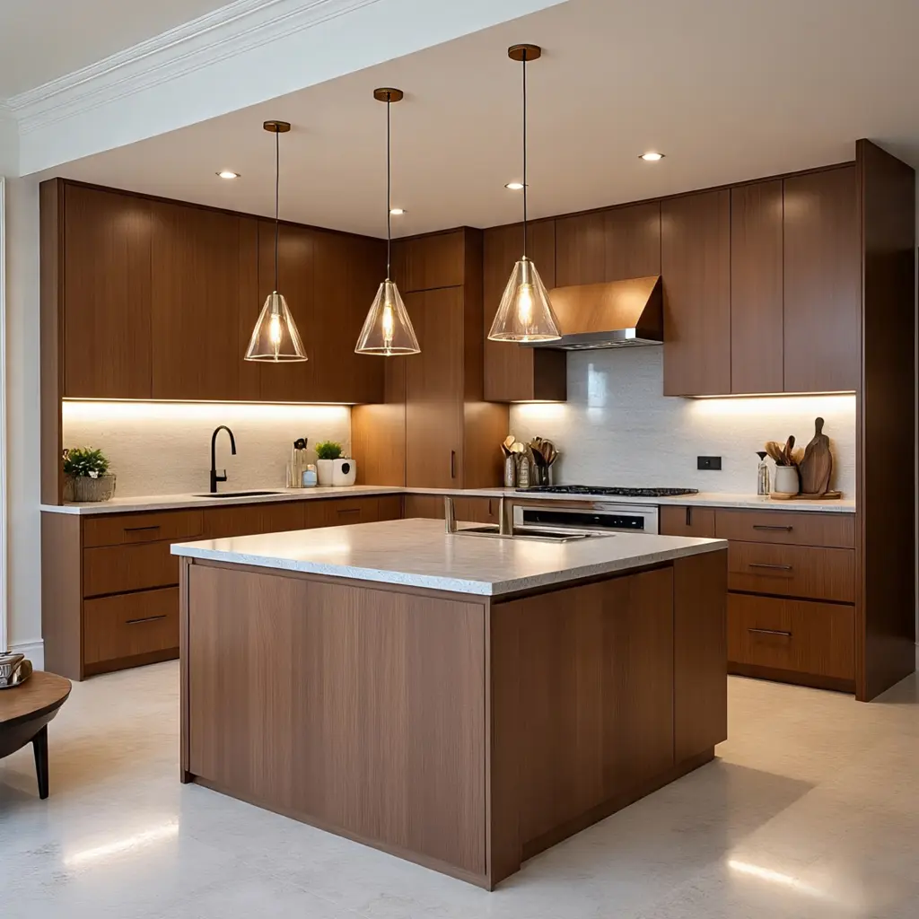 Wooden Modular Kitchen Island Layout with Cabinets