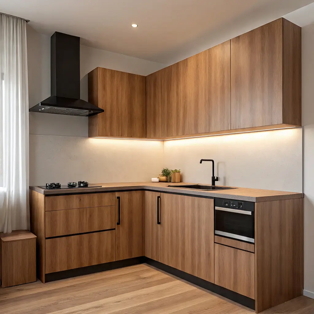 L-shaped wooden modular kitchen design Delhi