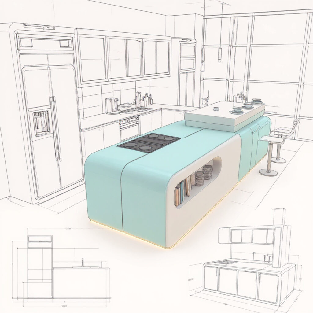 Island Modular Kitchen Drawings and Layouts