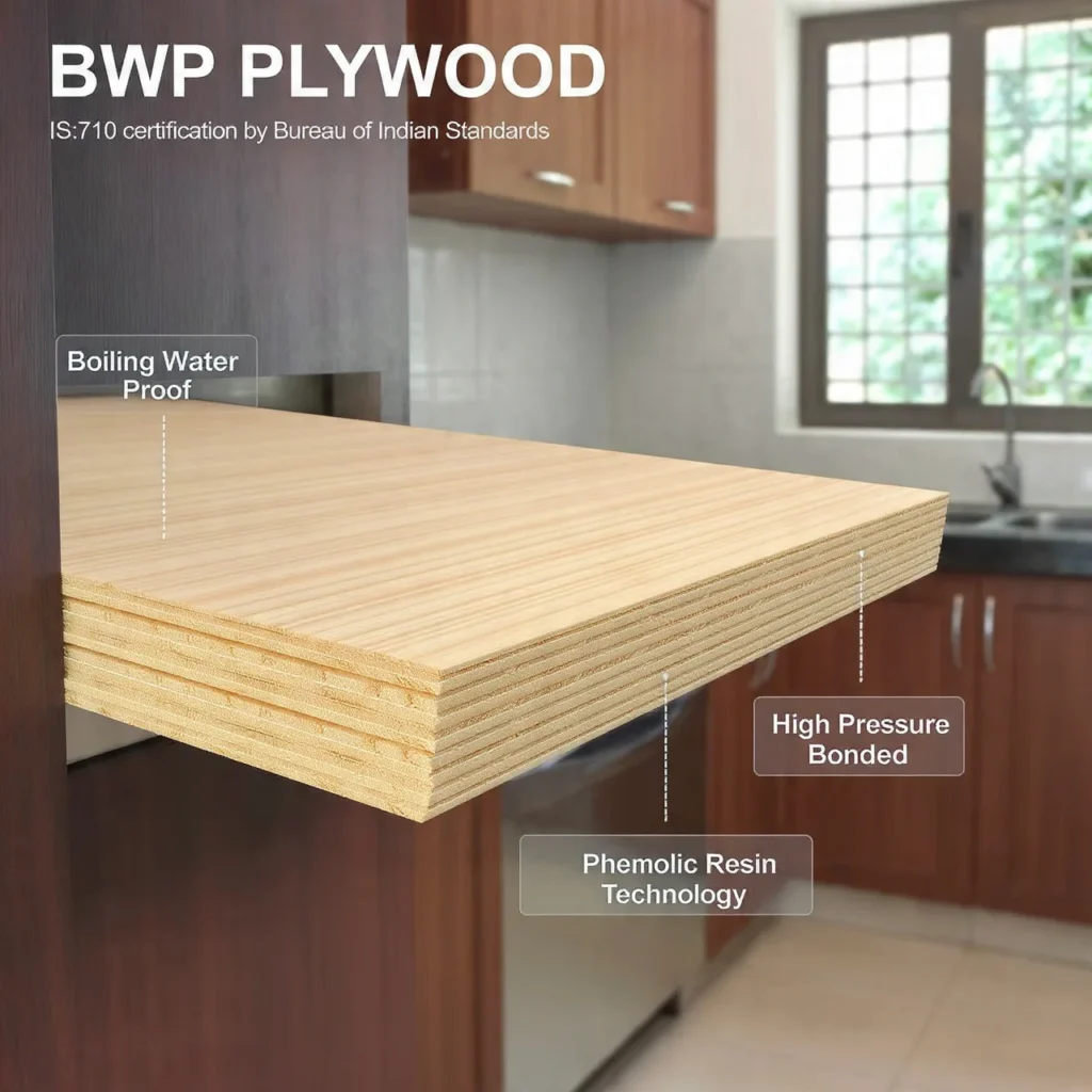 Close-up cross-section of IS 710 certified BWP plywood used in modular kitchen cabinets in India.
