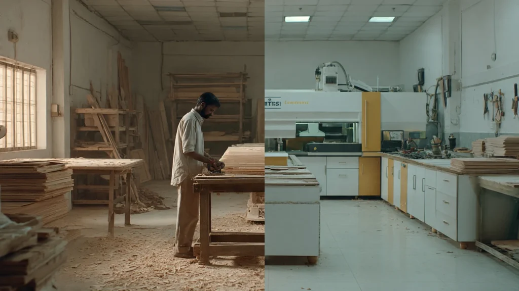 Comparison between manual carpenter cutting and CNC machine precision for a modular kitchen for Indian cooking