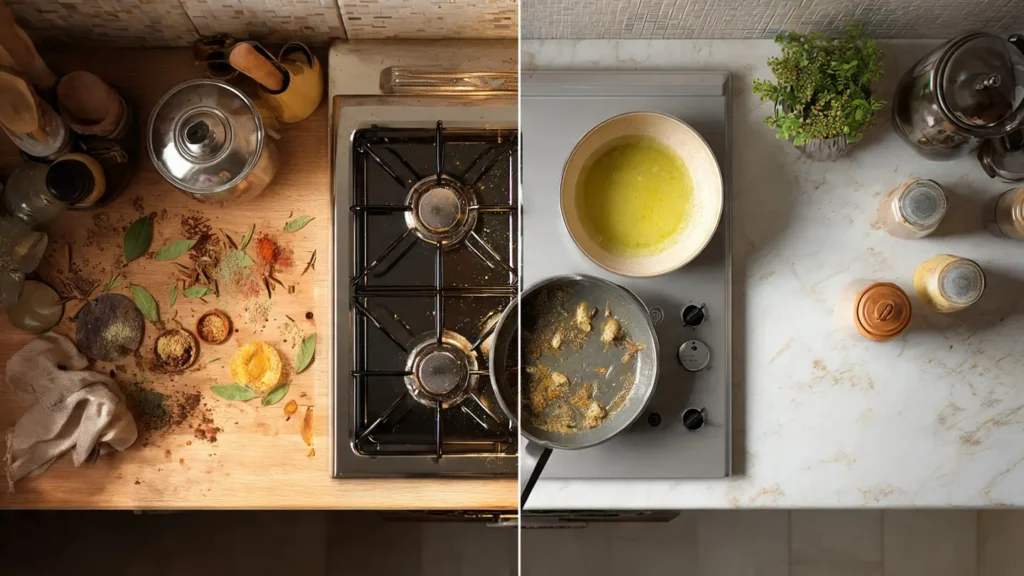 Comparison of Indian cooking with heavy oil, spices, and pressure cooking versus Western kitchens with lighter cooking methods and minimal oil.