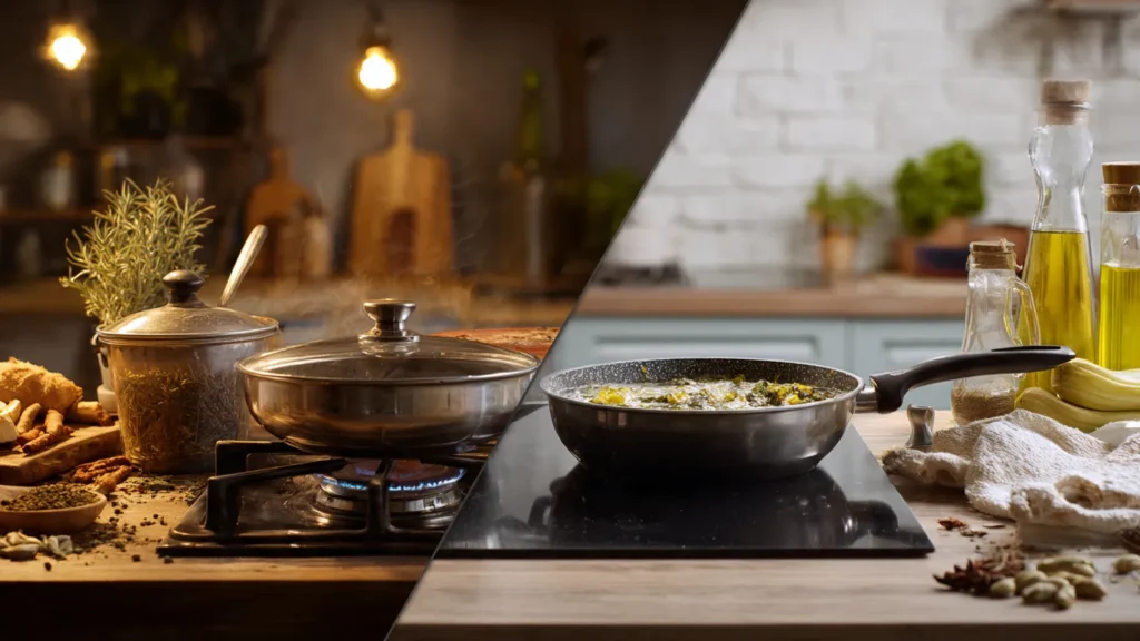 Deep frying in an Indian kitchen with oil splashes and heavy daily use, highlighting stress on modular kitchen surfaces unlike Western cooking.