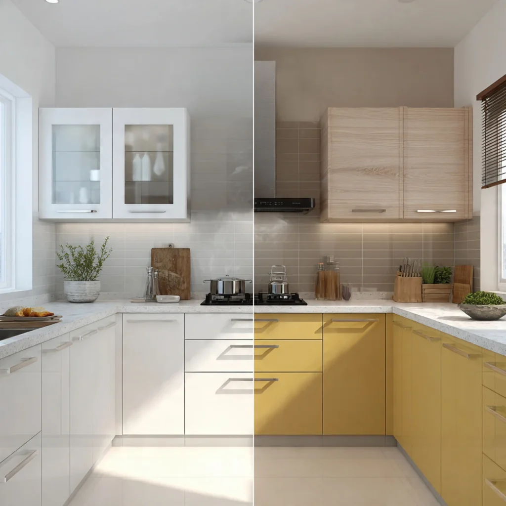 Comparison of Indian kitchen without chimney showing smoke and grease stains versus clean white modular kitchen with high-suction chimney removing cooking smoke