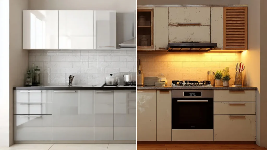 Comparison showing how a modular kitchen for Indian cooking deteriorates within 2–3 years when low-quality boards are used