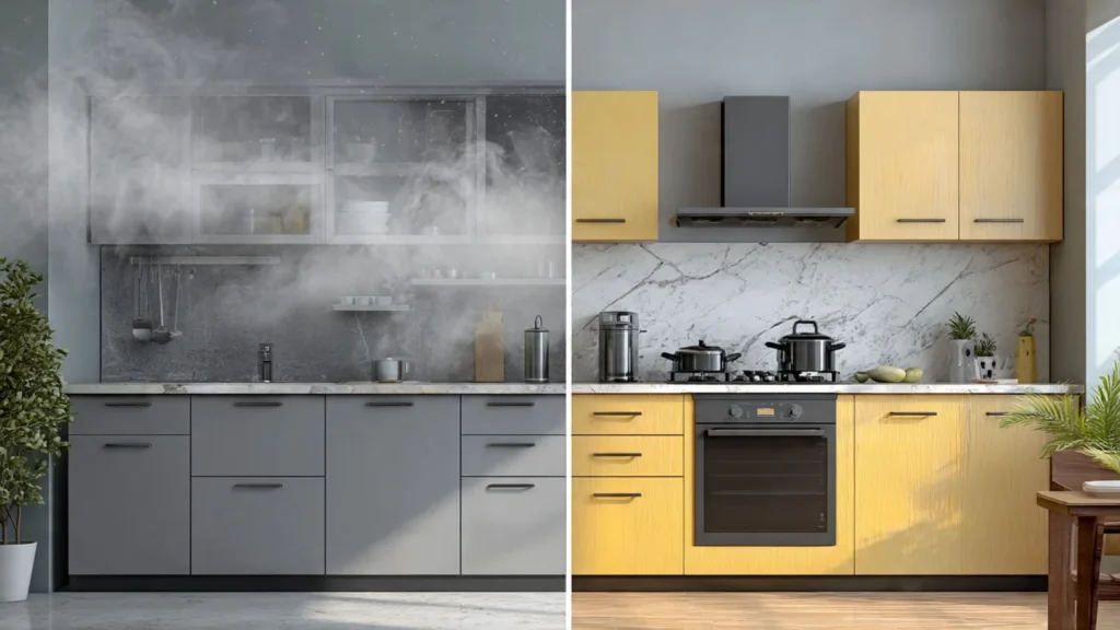 Comparison showing how ventilation and material quality affect a modular kitchen for Indian cooking exposed to daily pressure cooker steam.