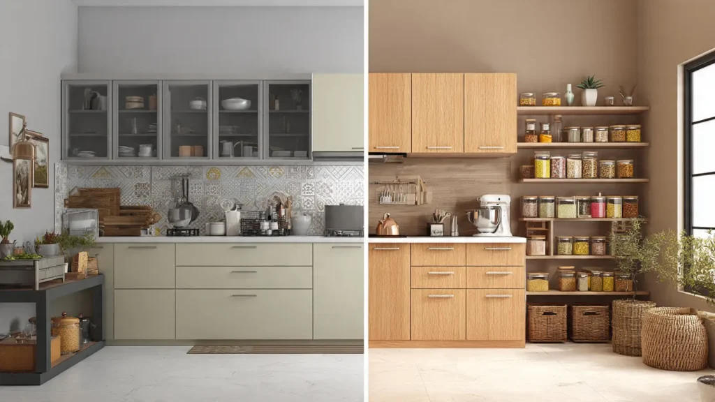 Comparison showing why a modular kitchen for Indian cooking needs deeper storage and stronger cabinets than showroom-style designs.