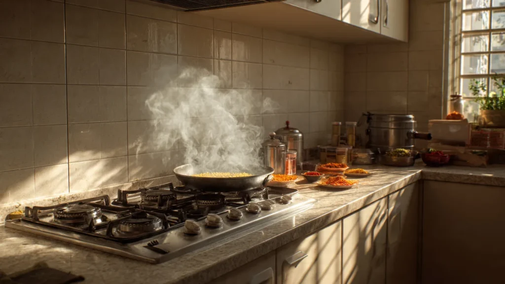 Indian kitchen with heavy oil tadka cooking, visible splashes, spices, and pressure cooker, showing how daily Indian cooking differs from Western kitchen usage.