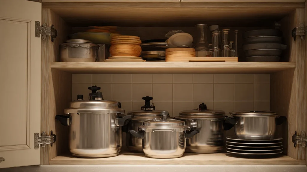 Inadequate cabinet height for large vessels in a modular kitchen for Indian cooking, causing storage and usability issues