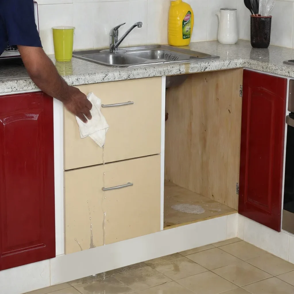 Indian modular kitchen lower cabinet exposed to water cleaning showing material durability difference.