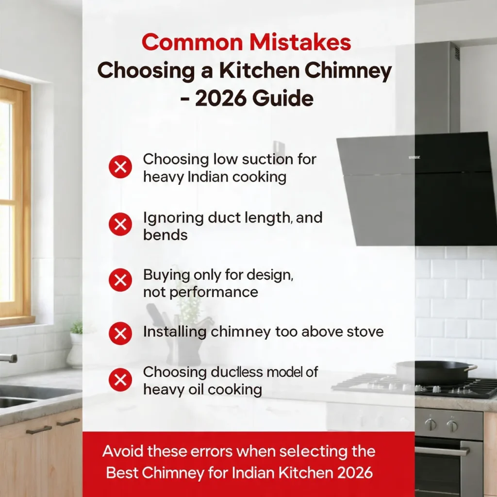 Infographic listing common mistakes when choosing kitchen chimney including low suction, long duct length, design-only selection, high installation, and ductless for heavy cooking