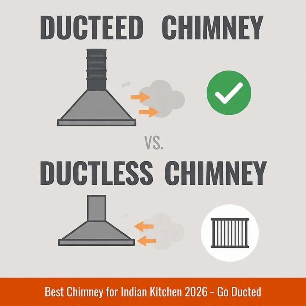 Infographic showing airflow difference between ducted and ductless kitchen chimney for heavy Indian cooking