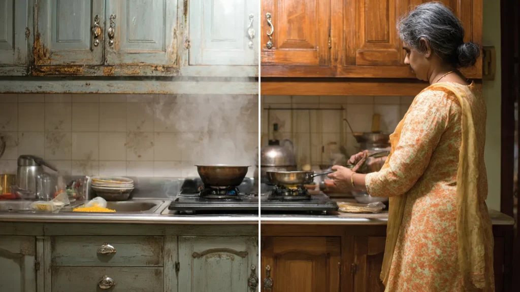 Long-term durability comparison showing how a factory-built modular kitchen for Indian cooking withstands years of heavy use better than carpenter kitchens