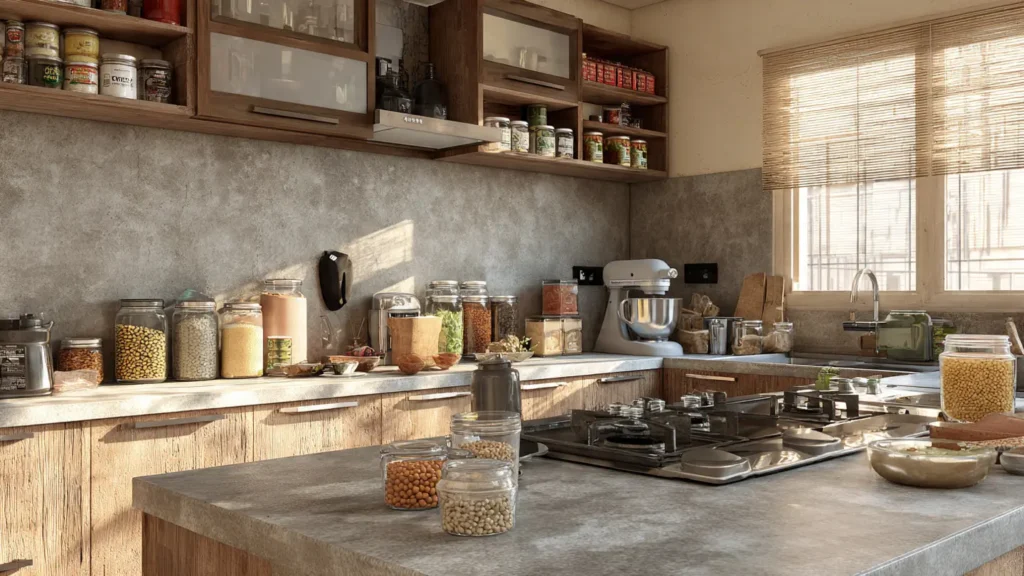 Mixer grinder in use in a modular kitchen for Indian cooking, showing daily masala grinding and the need for strong storage and durable cabinets