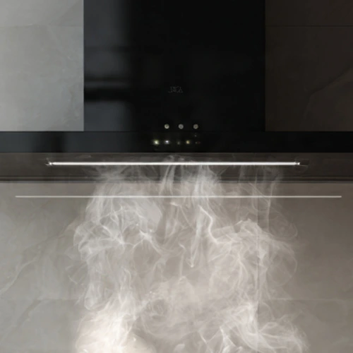 Modern black glass filterless auto-clean chimney in Indian modular kitchen with smoke directly entering suction inlet and no smoke escaping above