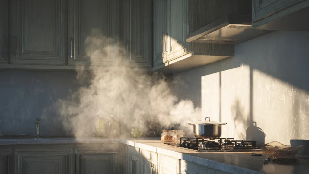 Pressure cooker releasing steam in a modular kitchen for Indian cooking, showing daily heat and moisture impact on cabinets