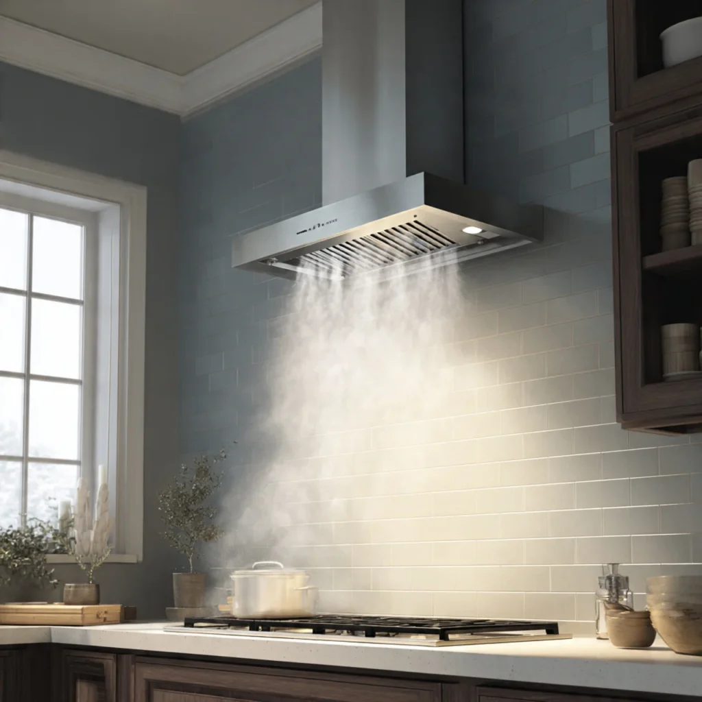 Realistic comparison of ducted vs ductless chimney in a small Delhi flat kitchen during heavy Indian frying, showing smoke vented outside in ducted system