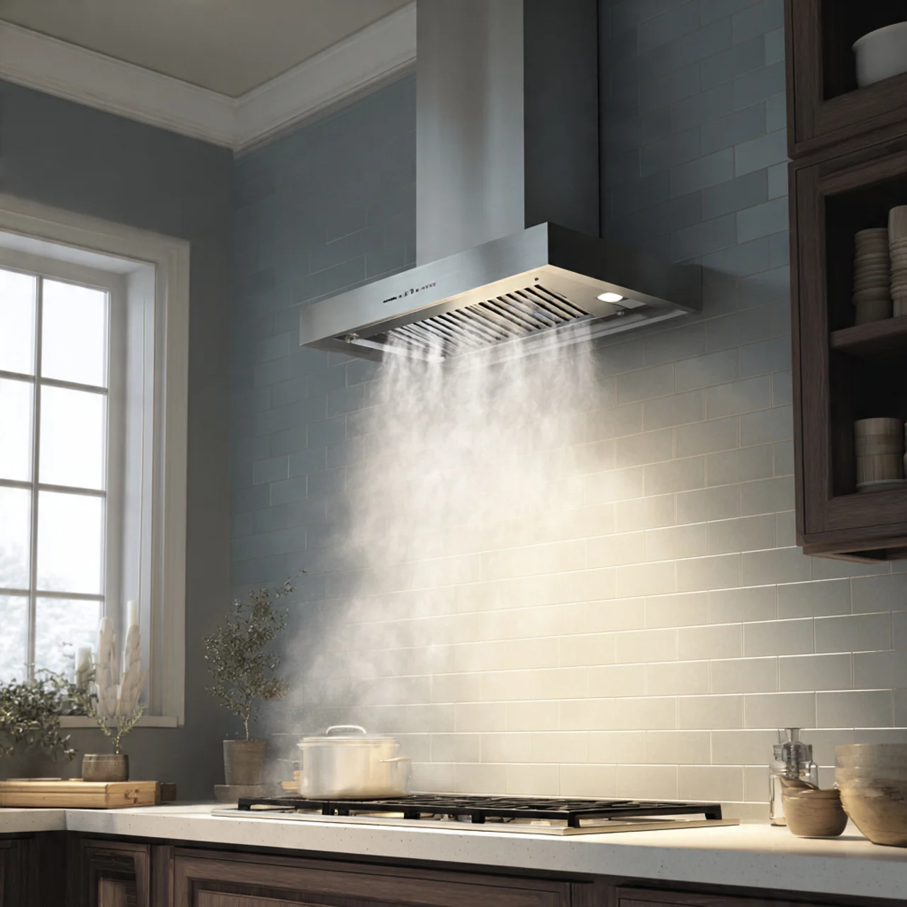 Realistic comparison of ducted vs ductless chimney in a small Delhi flat kitchen during heavy Indian frying, showing smoke vented outside in ducted system