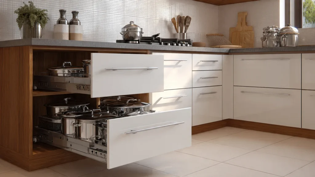Replaceable drawer unit in a modular kitchen for Indian cooking compared to fixed carpenter-built cabinetry.