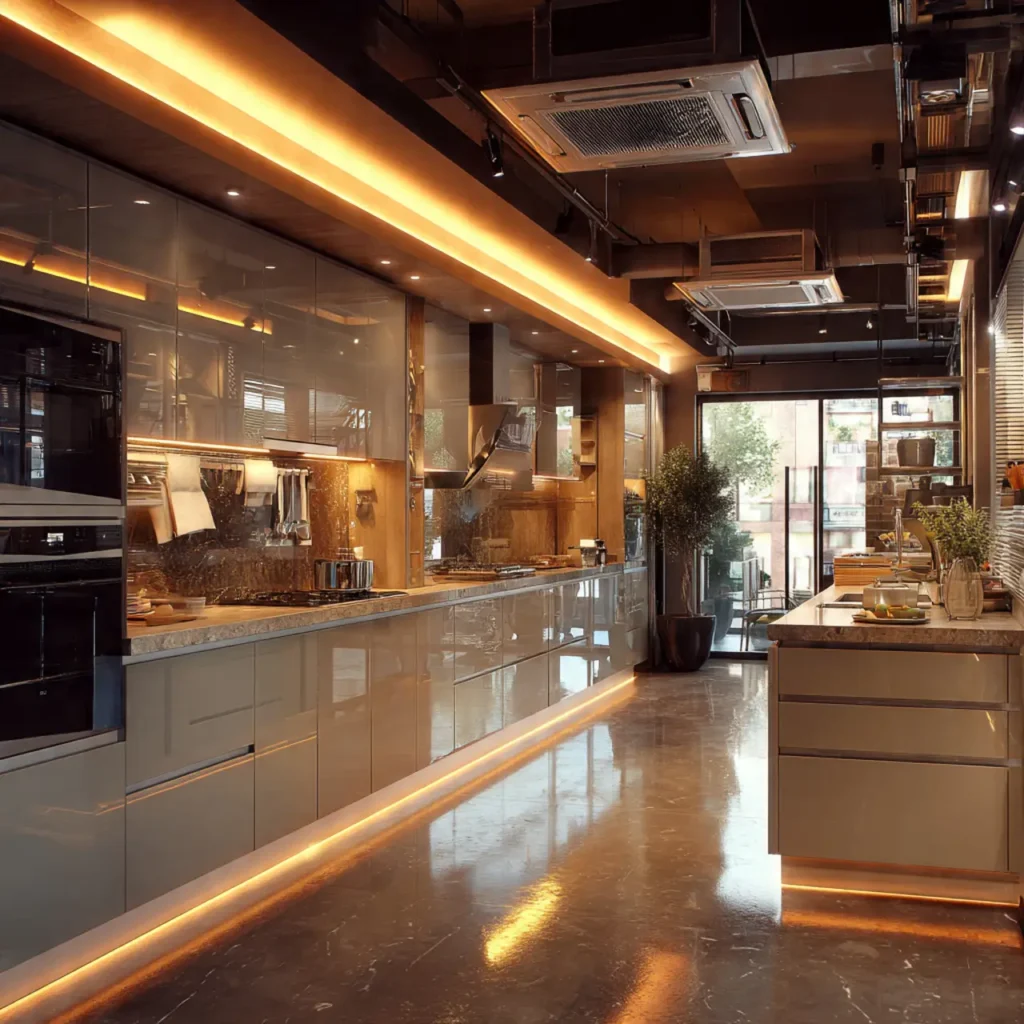 Modular kitchen showroom in Delhi showing high showroom rent impact on kitchen pricing