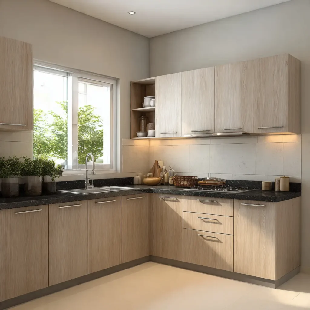l shaped modular kitchen laminate finish delhi
